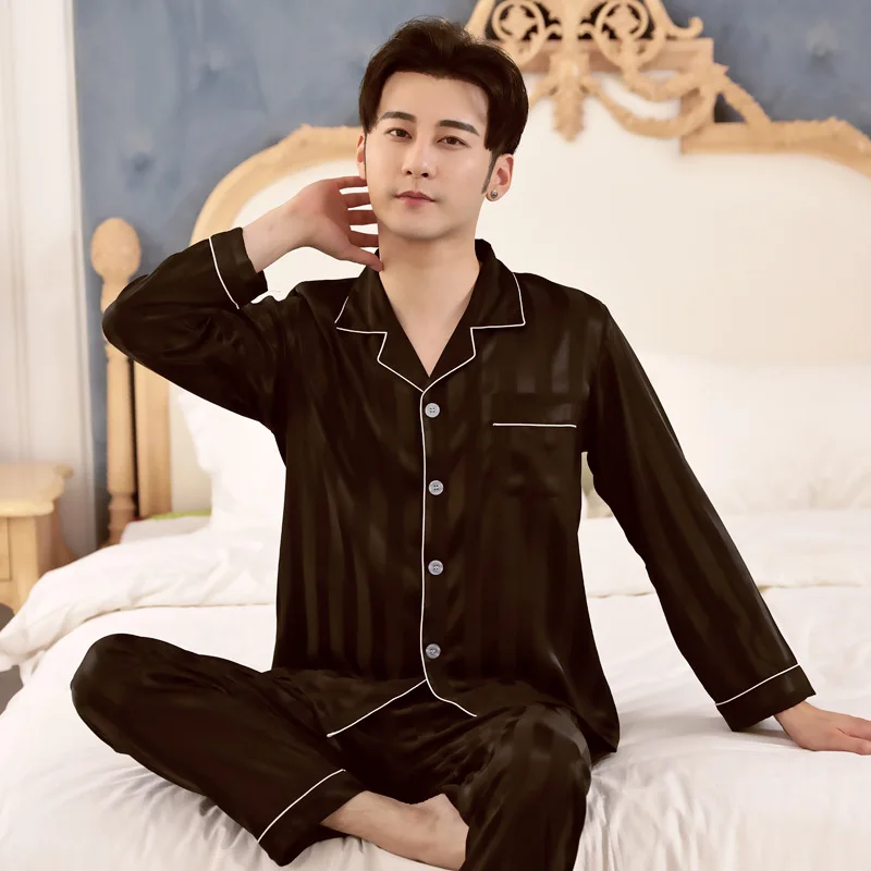 Summer Sleepwear Men's Pajama Man Set Lmitation Silk Pajamas For Men Cozy Soft Long Sleeve Nightgown Male Pyjamas Home Clothes