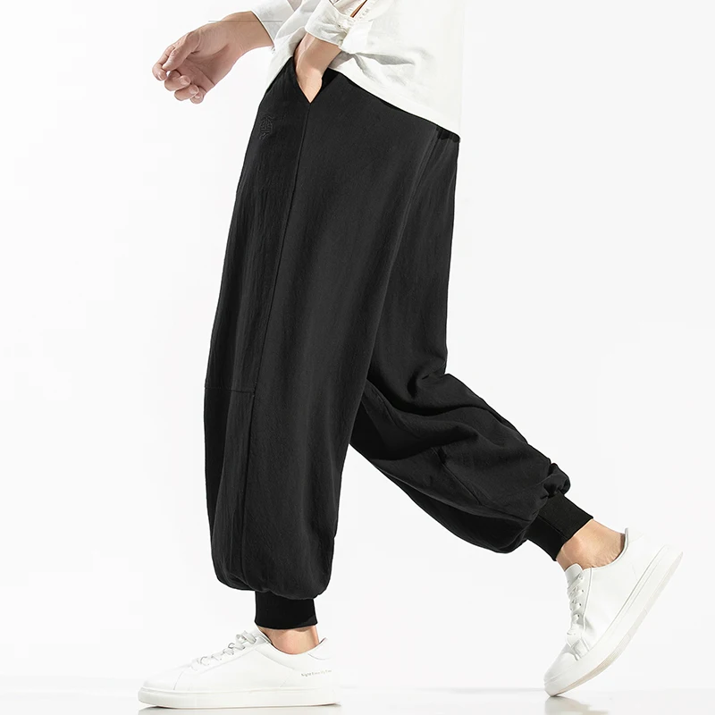 Мужские свободные однотонные хлопковые льняные повседневные шаровары мужские