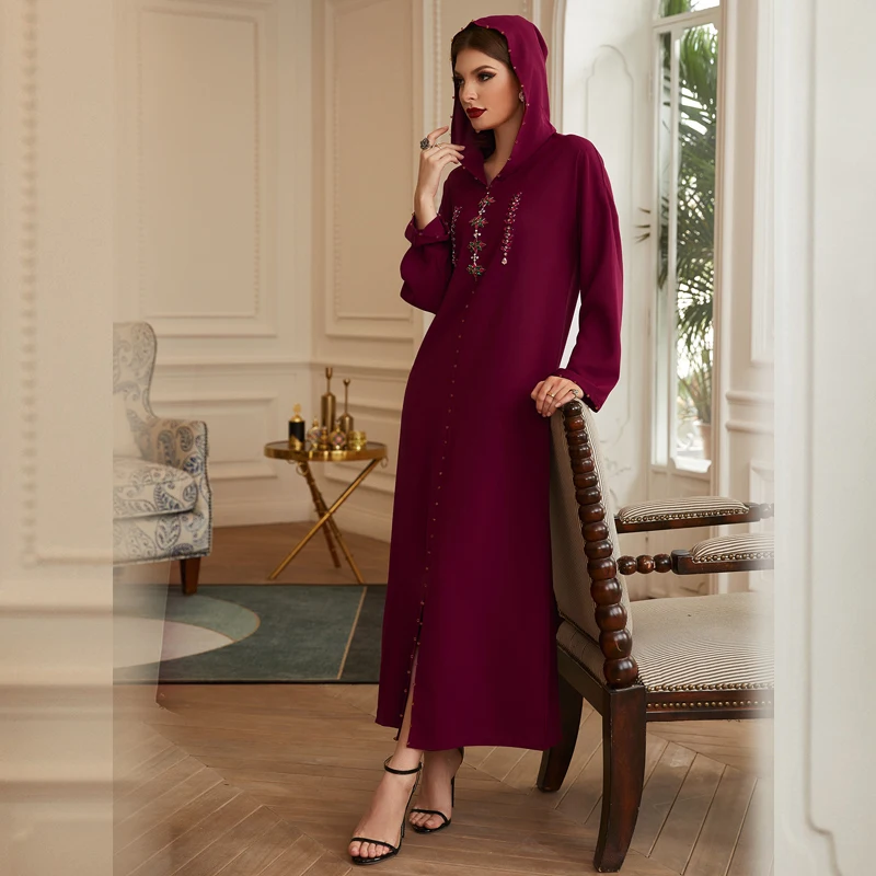 

Dark Red Moroccan Style Middle East Hand-Sewn Diamond Hooded Robe Dubai Abaya Muslim Women's Clothing Caftan Marocain Djellaba
