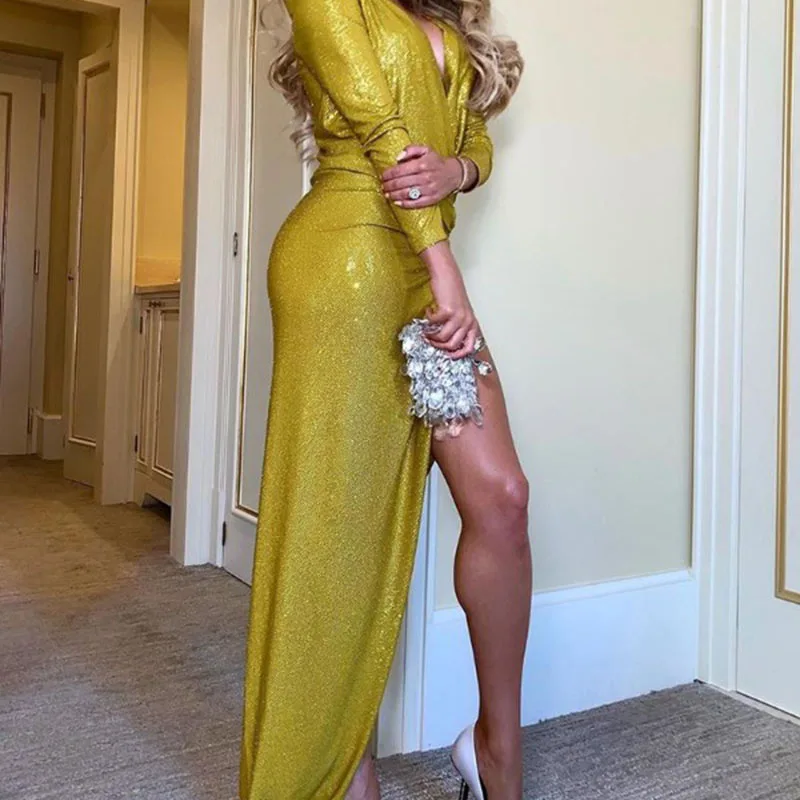 

Женское платье с длинным рукавом и глубоким v-образным вырезом, сексуальное платье с разрезом и блестками размера плюс, осень 2019