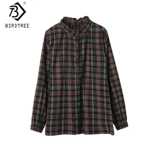 Женские рубашки больших размеров на осень и весну 2020, свободные клетчатые топы с воротником-стойкой, однобортные женские блузки из хлопка и льна, T09912K