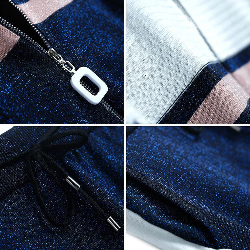 

Fashion Bright Silk Mix Knitted Sets Slim Stripe Patchwork 2 Piece Tracksuit Women Zipper Cardigan And Ankle Banded Sweatpants