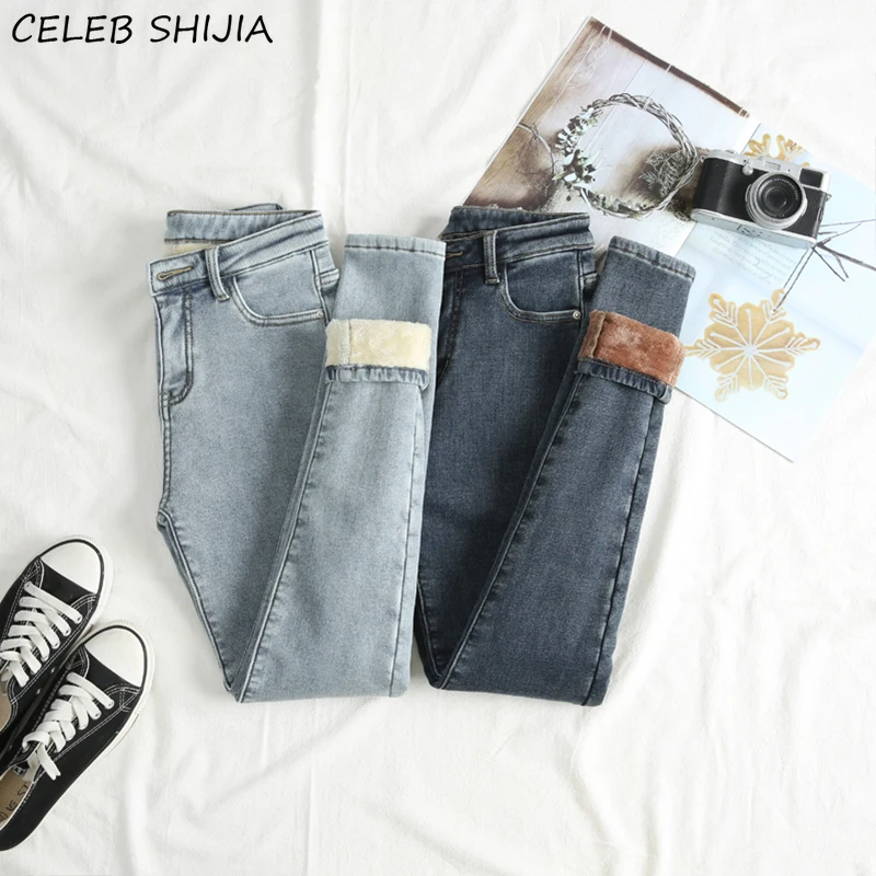 

Stretchy Jeans for Woman High Waist Vintage Blue Denim Female Pencil Pants Thicken Velvet Warm Skinny Jeans Woman Mom Chic