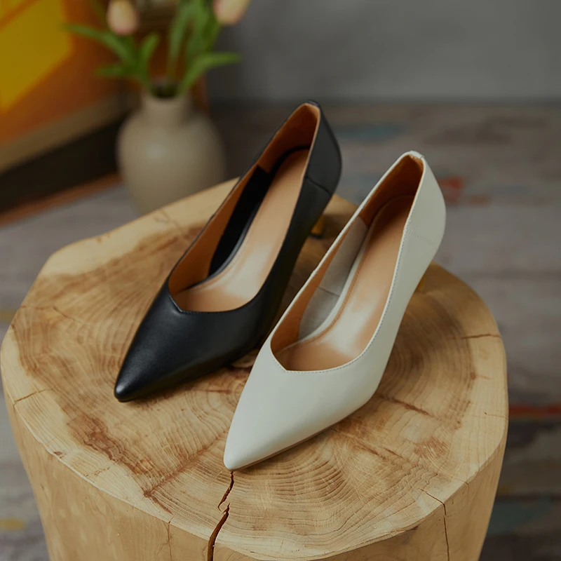 

Party style sexy pointed toe genuine leather pumps fashion beige black slip-on high-heeled chunky women's shoes