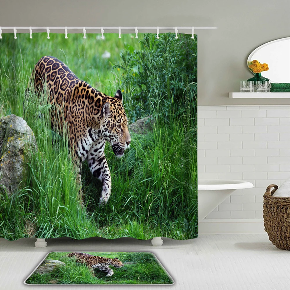 

2 шт./компл., занавески для душа Tiger Dog с принтом животных, водонепроницаемые тканевые занавески для ванной s + нескользящий коврик для ванной, ...