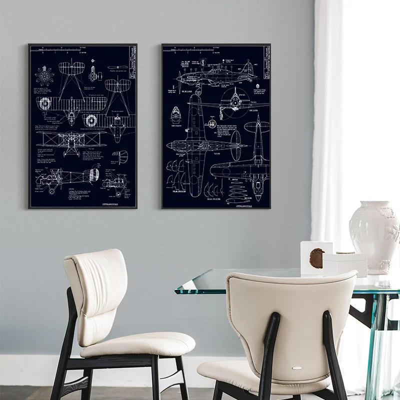 

Retro airplane art mechanical wall picture mechanical structure vintage poster Nordic canvas printing education modern decor