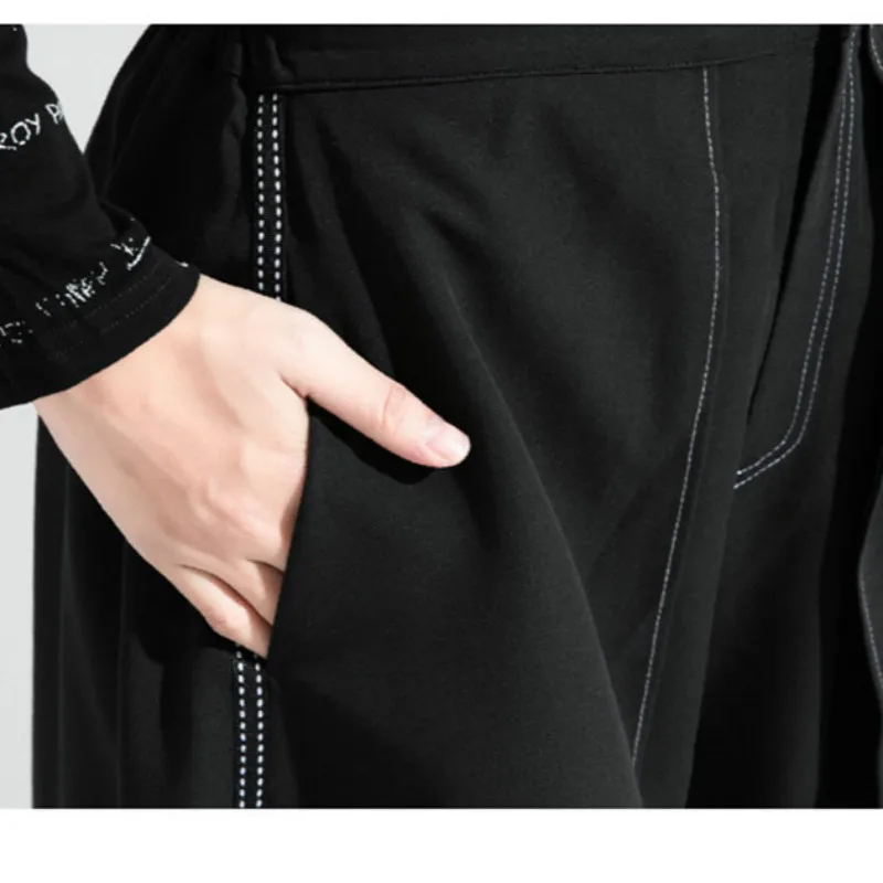 

New Black Fake Two Piece Pants Women Loose Fashion Simple Irregular All Match Streetwear 2021 New Spring Autumn Wide Leg Pants