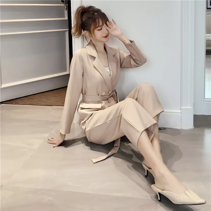 

Autumn Winter Women Lace Up Pant Suit Notched Blazer Jacket Wide Leg Pant Office Female Sets