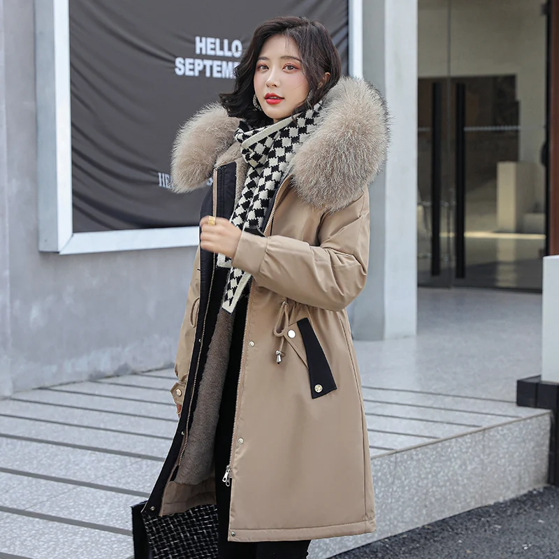 

2021 Casual Fur Collar Hooded Warm Cotton Paddded Coat Outwear Female Warm Wool Liner Jacket Winter Thicken Women Long Parkas