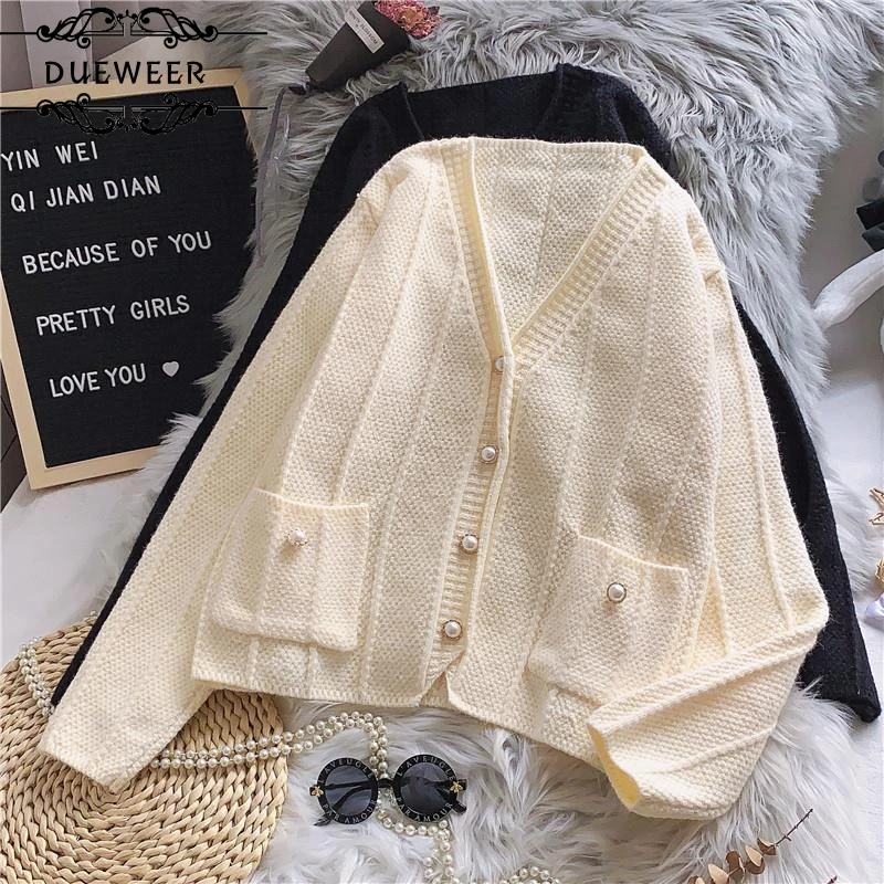 

DUEWEER Sweaters Women Knitted Cardigan Pockets French-style Elegant Vintage Trendy Open-stitch Simple Outwear Oversize