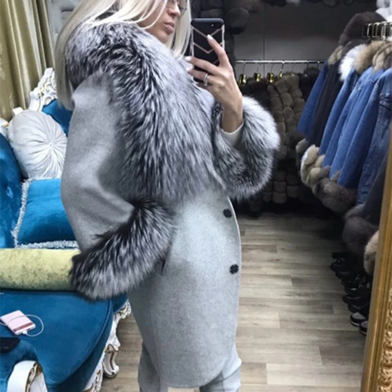 FURSARCAR 2021 New Cashmere Nature Fox Fur Collar Coat Winter & Autumn Women Luxury Wool Blend Real Leather Jackets