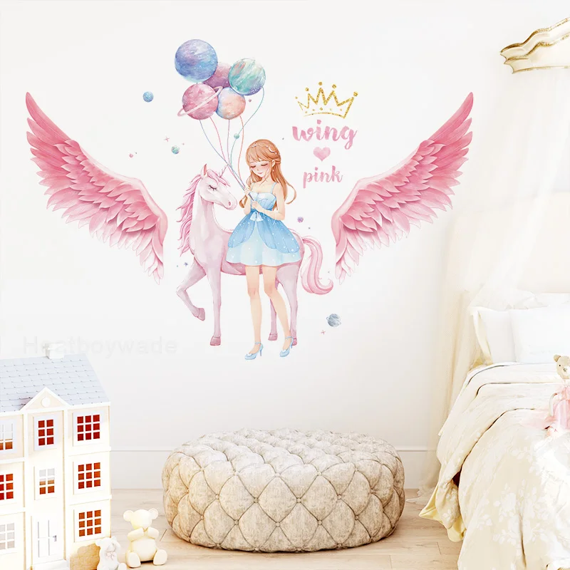 

Pretty Unicorn Girl Wall Stickers for Girls Bedroom Kids room Decor Planet Balloon Wings Decals for Children Rooms Decoration