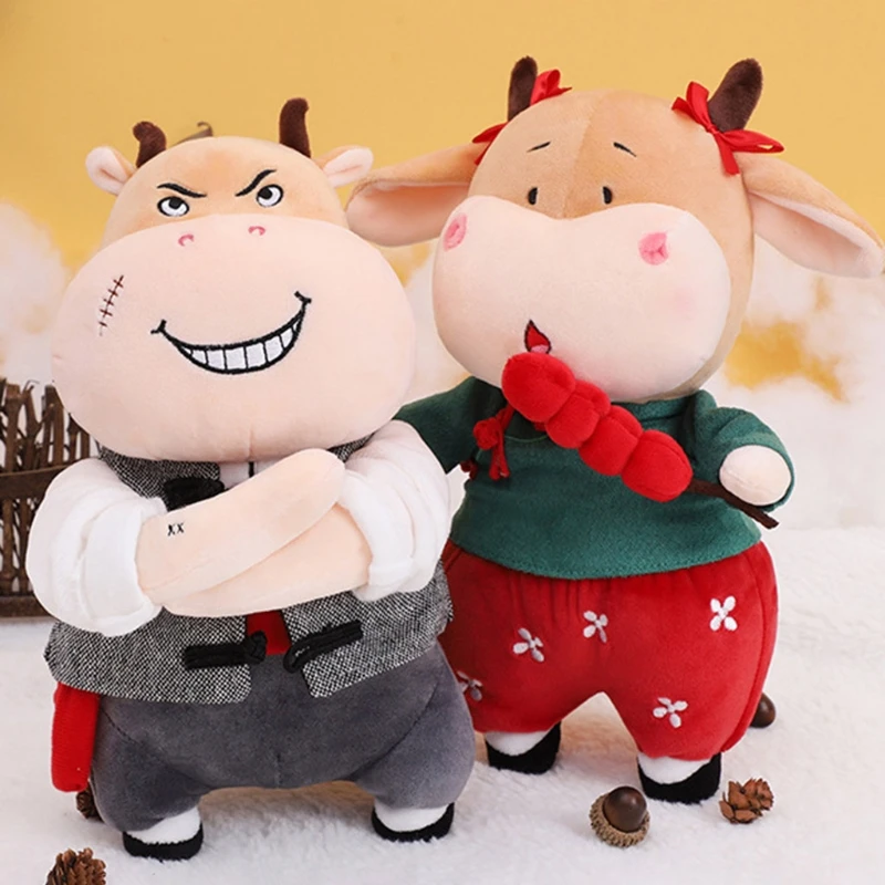

2021 New Year Chinese Zodiac Ox Year Mascot Cattle Plush Toys Cotton Stuffed Red Cow Doll for Children Kids Birthday Home Decora