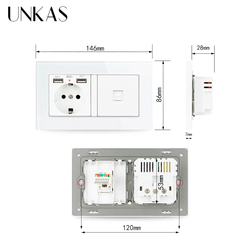 UNKAS Серый роскошный Стекло Панель настенная розетка стандарта ЕС 2 USB зарядка