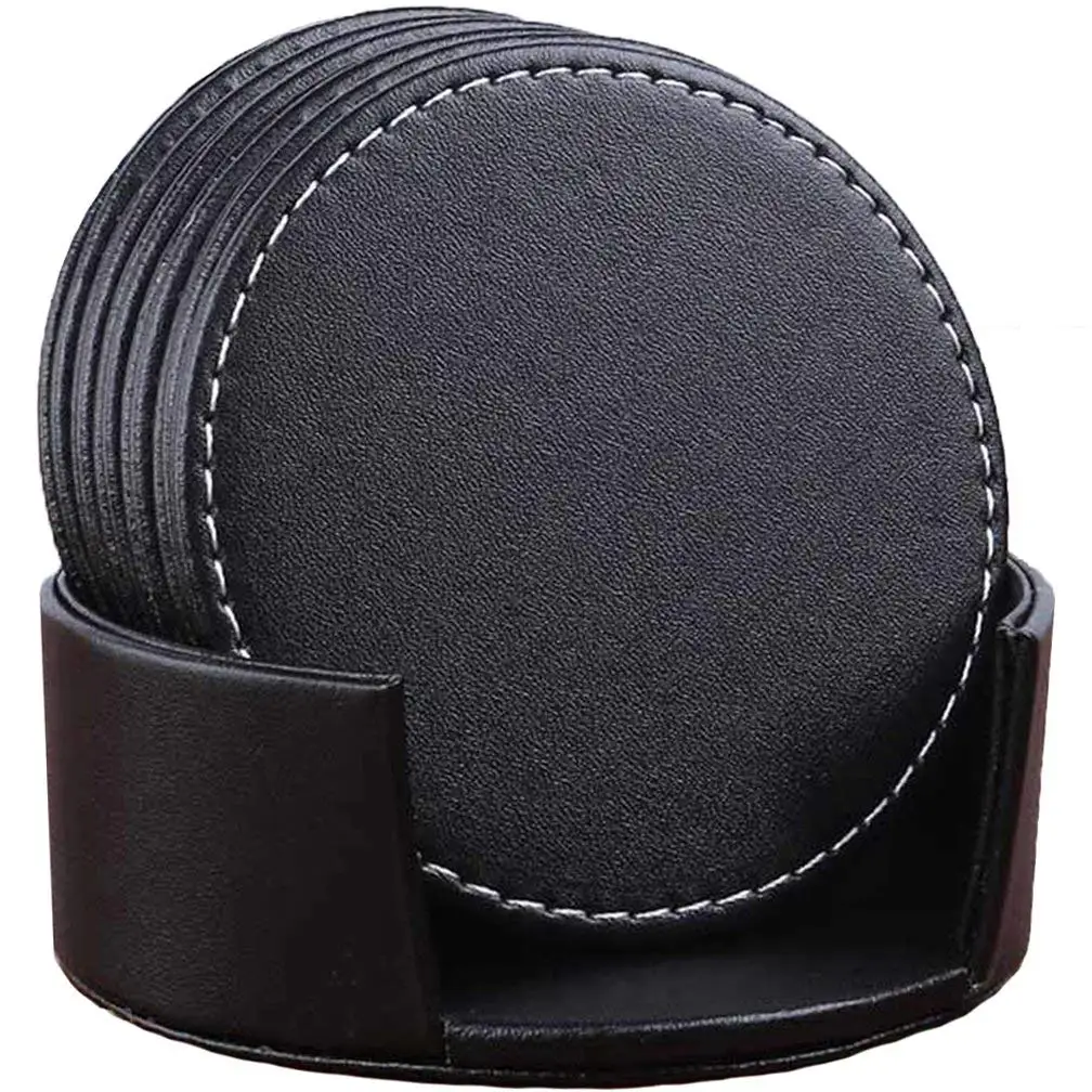 

Set of 6 Leather Drink Coasters Round Cup Mat Pad for Home and Kitchen Use Black rattan table placemats for table