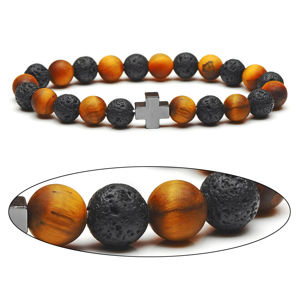 Модный матовый браслет с тигровым глазом для мужчин лавовый камень натуральный