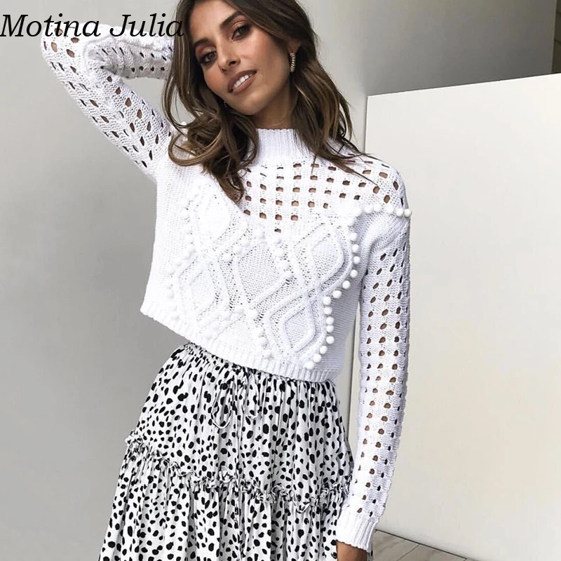 Motina Julia Sexy hollow out chunky knitted sweater women 2018 white autumn soft pom pullover female basic jumper | Женская одежда