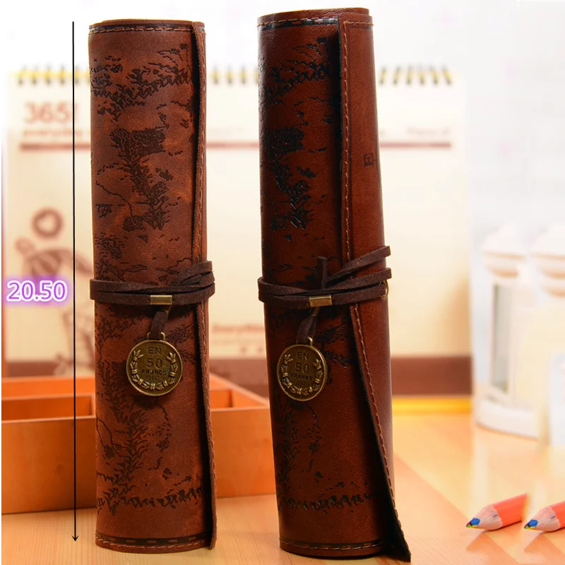 

1Pcs European Retro Treasure Map leather eyebrow Pencil Cases Roll PU Leather Pen Cosmetic Bag Makeup Pouch Pocket Brush Holder