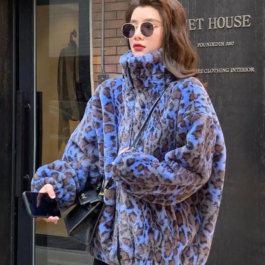 

Winter Fashion Women oversized Colorful Leopard Print Faux Fur Coat Women Long Sleeve Zip Up Warm Soft Fluffy Korean Jacket