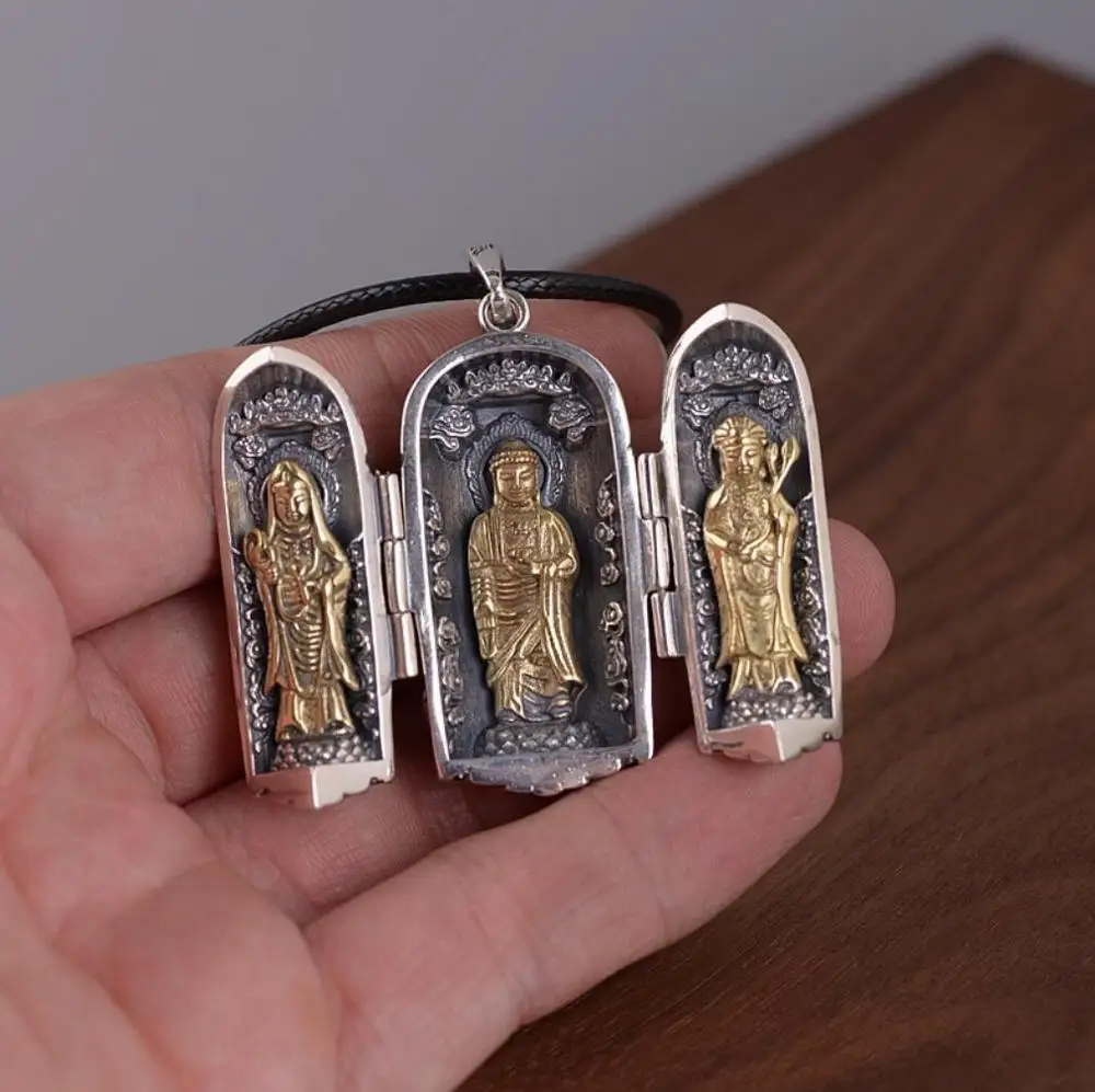 925 пробы Серебряный Буддизм Будда лотоса молитва коробка кулон-без цепи A2056 |