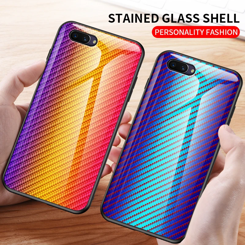 

For OPPO A5 A7 A8 A3S Case Carbon Fiber pattern Tempered Glass Phone Cover For OPPO F11 Pro F7 F9 Case Anti-fall Coques Funda