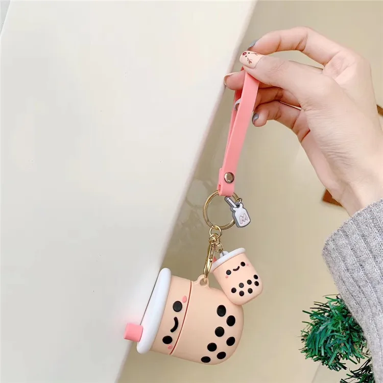 

Cute Silicone Pearl Milk Tea Keychain Luxury Kawaii Drinks Cup Keychains For Ladies Girls Bag Car Airpods Charm Accessories Gift