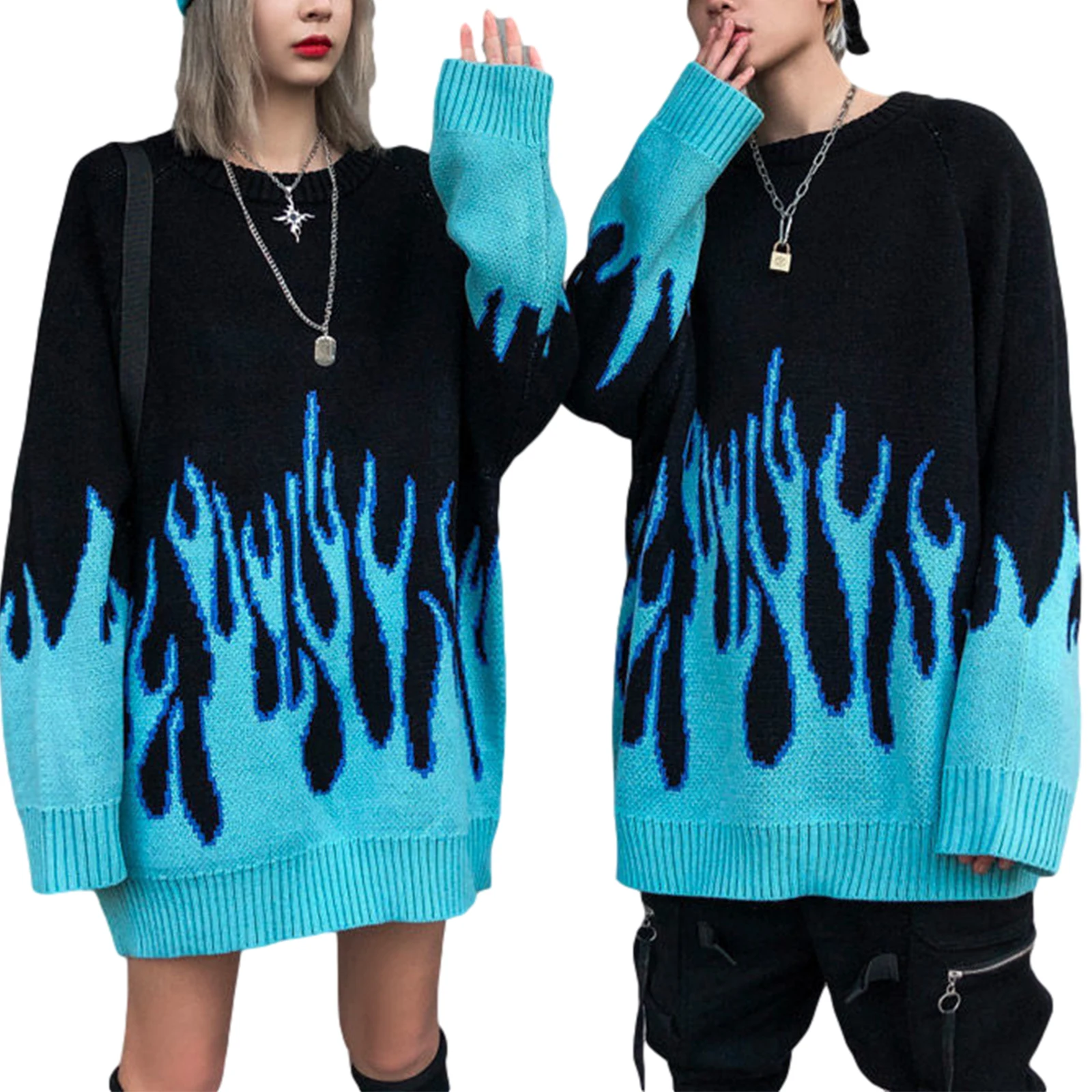 2020 Winter Autumn New Loose Long Blue Flame Sweater Women O-Neck Plus Size Blue Female Pullover Couple Sweater Men & Women