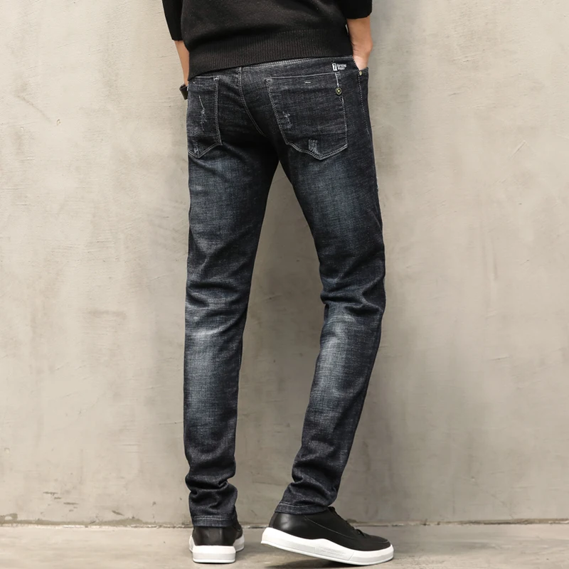 Рваные джинсы для мужчин осень-зима узкие прямые черные повседневные эластичные