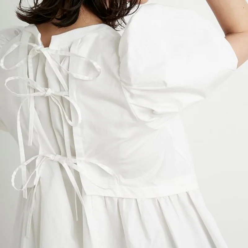 

Japanese Sweet Puff Sleeve Patchwork Bow Knit Blouse Women Elegant Solid Tshirts 2021 Summer All-match Office Ladies Woman Tops