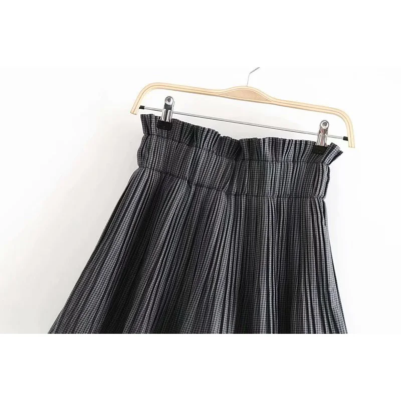 Fashion Za Fashion Elastic Waist A Line Streetwear Ladies Skirts Vintage Chic Plaid Pleated Casual Faldas Skirt