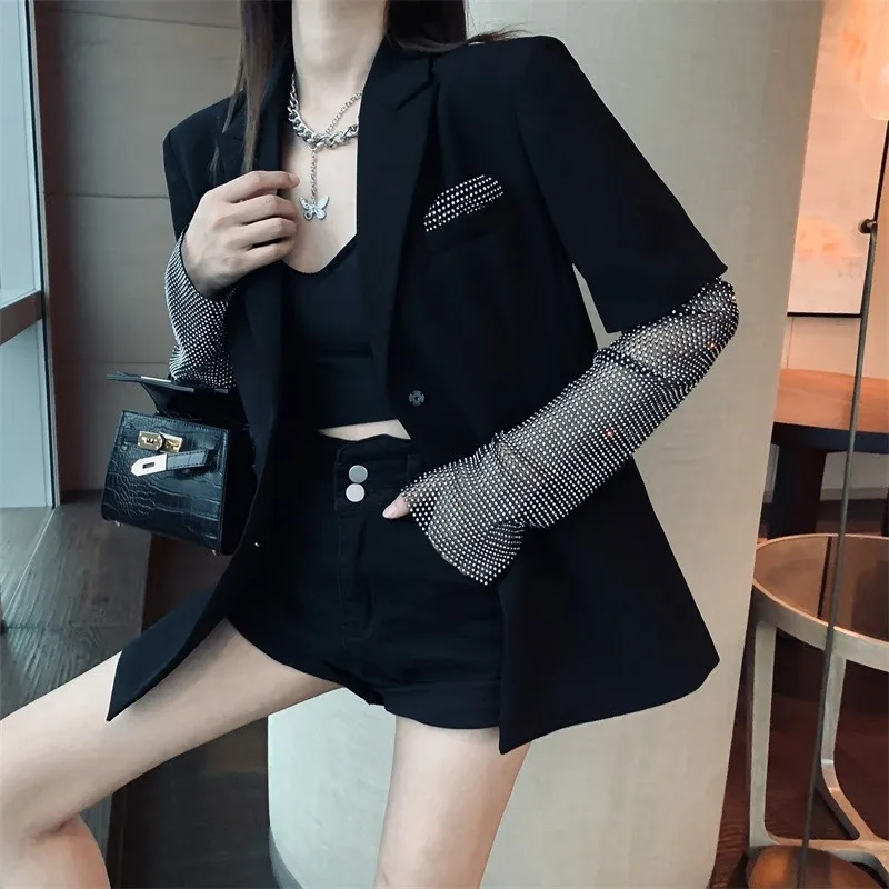 

2021 New Fashion Spring Autumn Black Blazer For Women Long Sleeve Diamond Patchwork Long Elegant Coat Female Women Clothing
