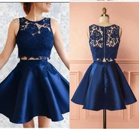2020 navy blue lace short dresses 2 pieces sheer neckline hollow back a line satin homecoming formal dress party robe de soiree