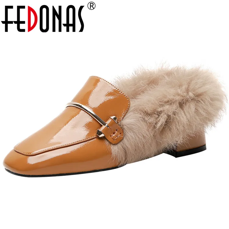 Женские лоферы FEDONAS зимние теплые из коровьей лаковой кожи на квадратном каблуке