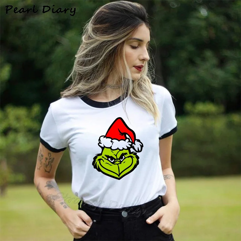 1 How The Grinch Stole, Рождественская футболка, женская футболка с лицом Grinch, женская футболка, Рождественская шляпа, футболка с принтом, белая футболка, Femme - Цвет: 1