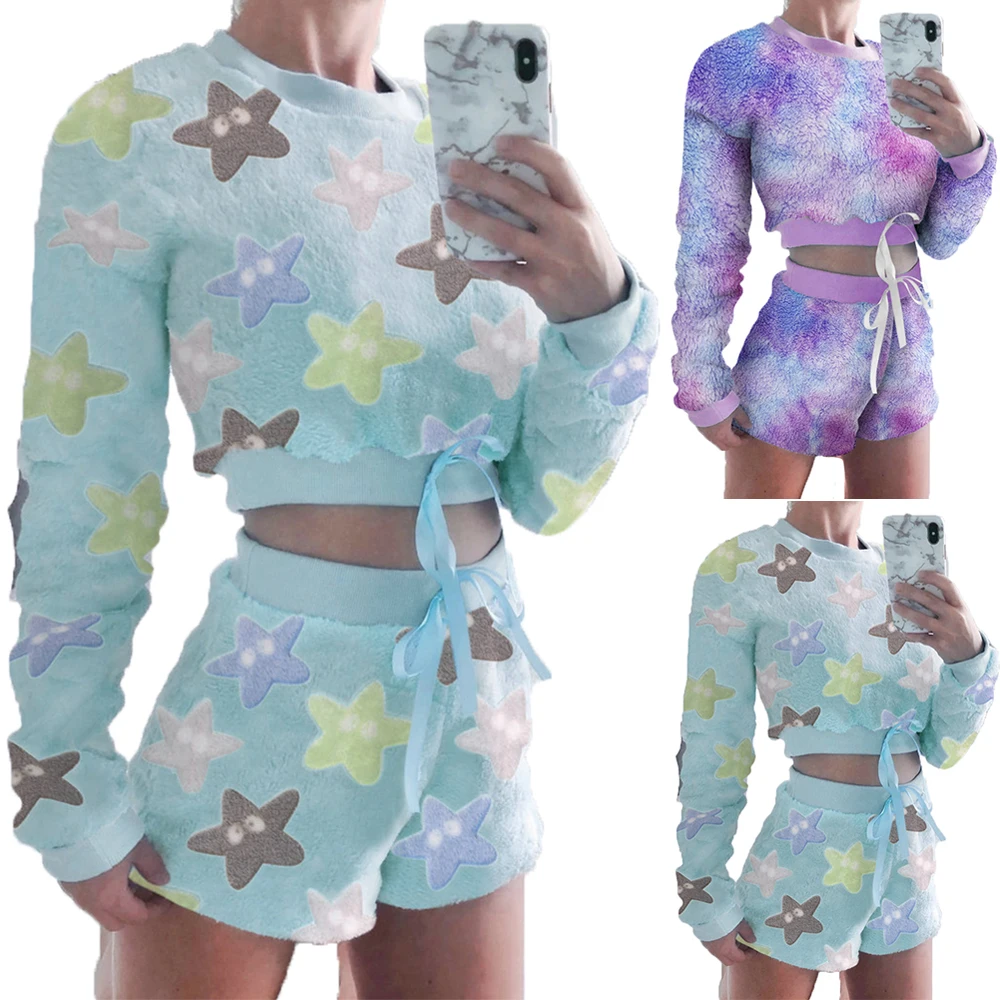 

VICABO Women's 2-Piece Outfit Set Lace Up Sport Fitness Set Tie Dye Crop Long Sleeve Pullover Short High Waist Pants Set