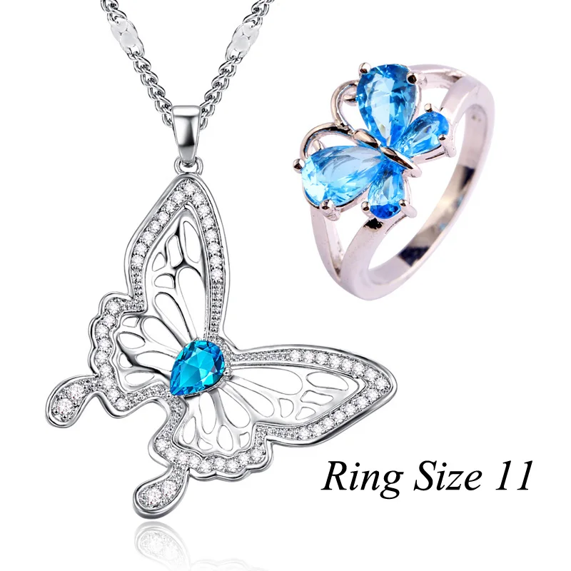 Blue-Size 11 Lingmei, новинка, модные свадебные кольца с бабочкой, синяя Радуга, циркониевое ювелирное изделие для женщин, серебряное кольцо, подвеска, ожерелье, цепь, вечерние, подарки - Окраска металла: Blue-Size 11