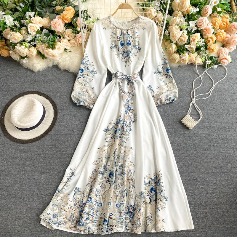 

Aibeautyer Autumn Winter Vintage Floral Print Elegant Dress with Belt Slim Pleated Puff Sleeve Mid-Calf Women Dresses