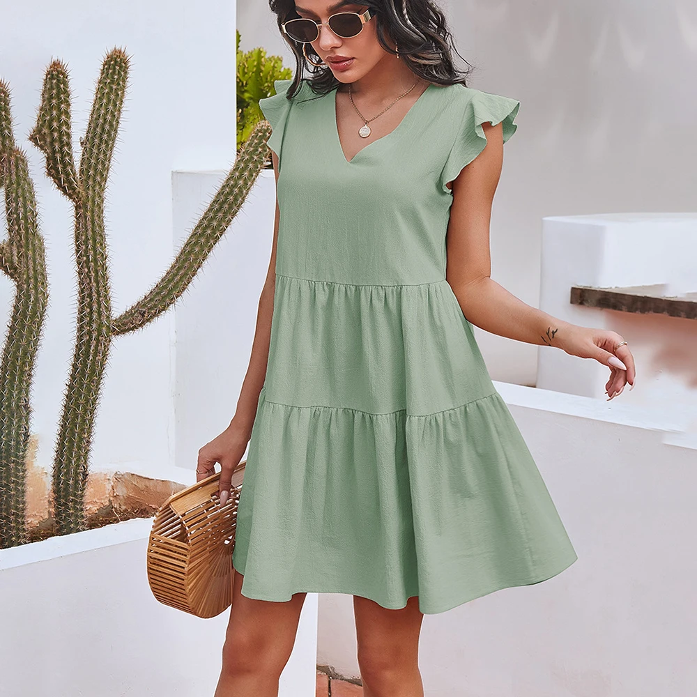 

Fashion V-neck Ruffles Patchwork Casual Mini Women Dress 2021 Summer Loose Beach Cotton Office Lady Dresses For Women Robe Femme