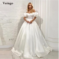 verngo korea silk satin a line wedding dresess off the shoulder puff sleeves bones princess wedding bride gowns new 2021