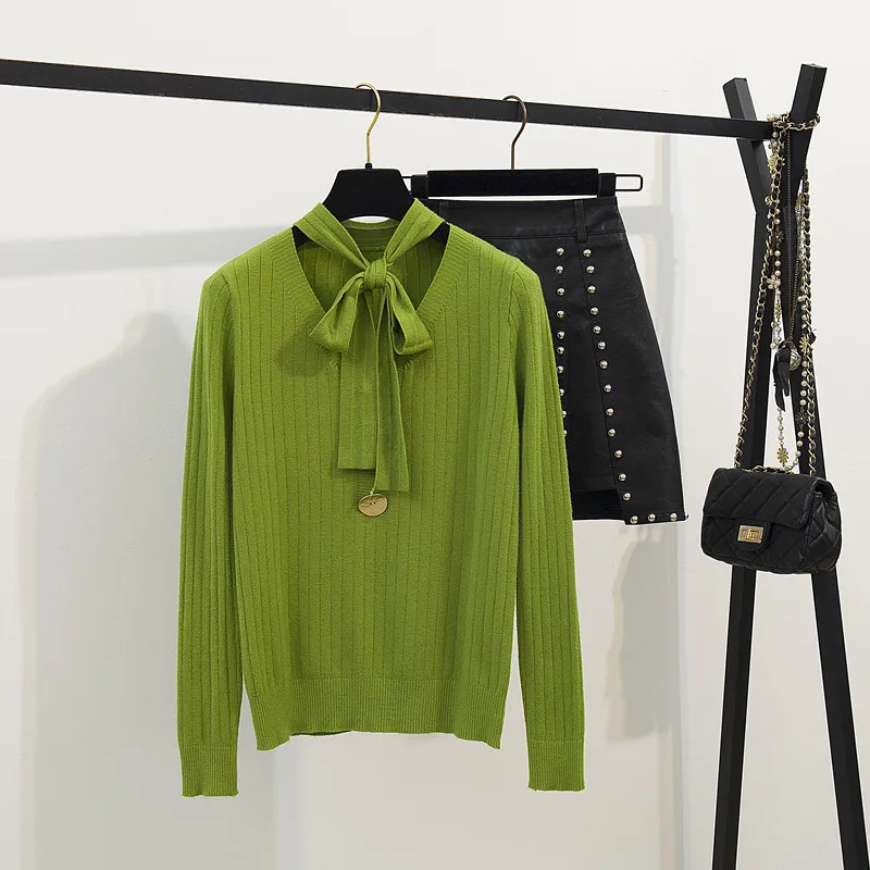 

Fall 2019 New Women Suit Two-Piece Clothing Set Long Sleeve Knit Sweater Stitching PU Leather Skirt Vestido Knitwear Outfit