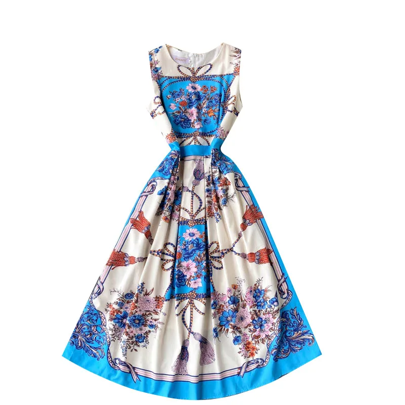 

Court style dress women's summer dress 2021 New Retro printing temperament round neck slim mid length dress