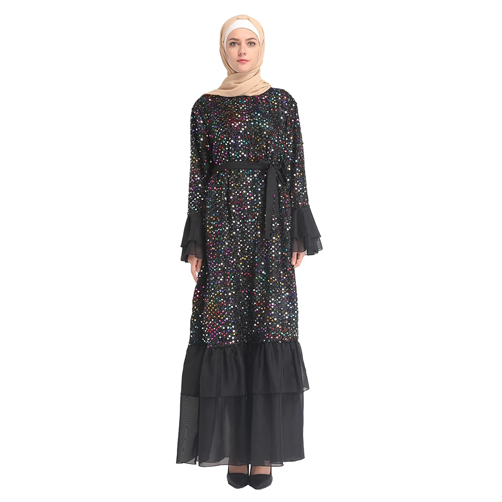 Блестки Abaya Дубай Кафтан для женщин мусульманское с расклешенными рукавами