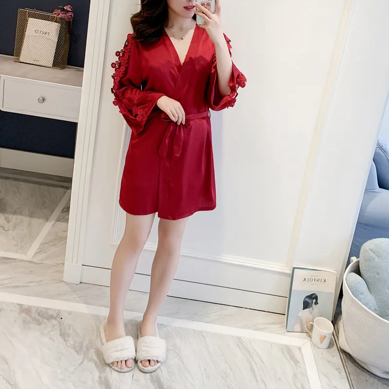 Женский кружевной халат кимоно с цветочным узором и поясом осенняя атласная