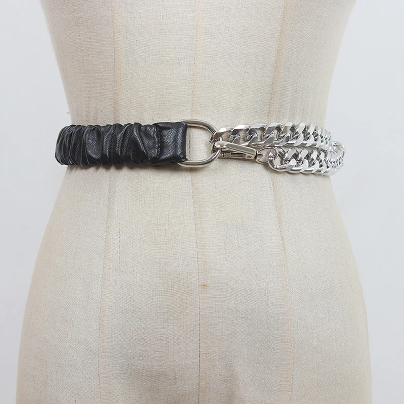 

Длинный широкий эластичный женский ремень из искусственной кожи с металлической цепочкой, индивидуальный ремень для женщин, новая мода, ун...