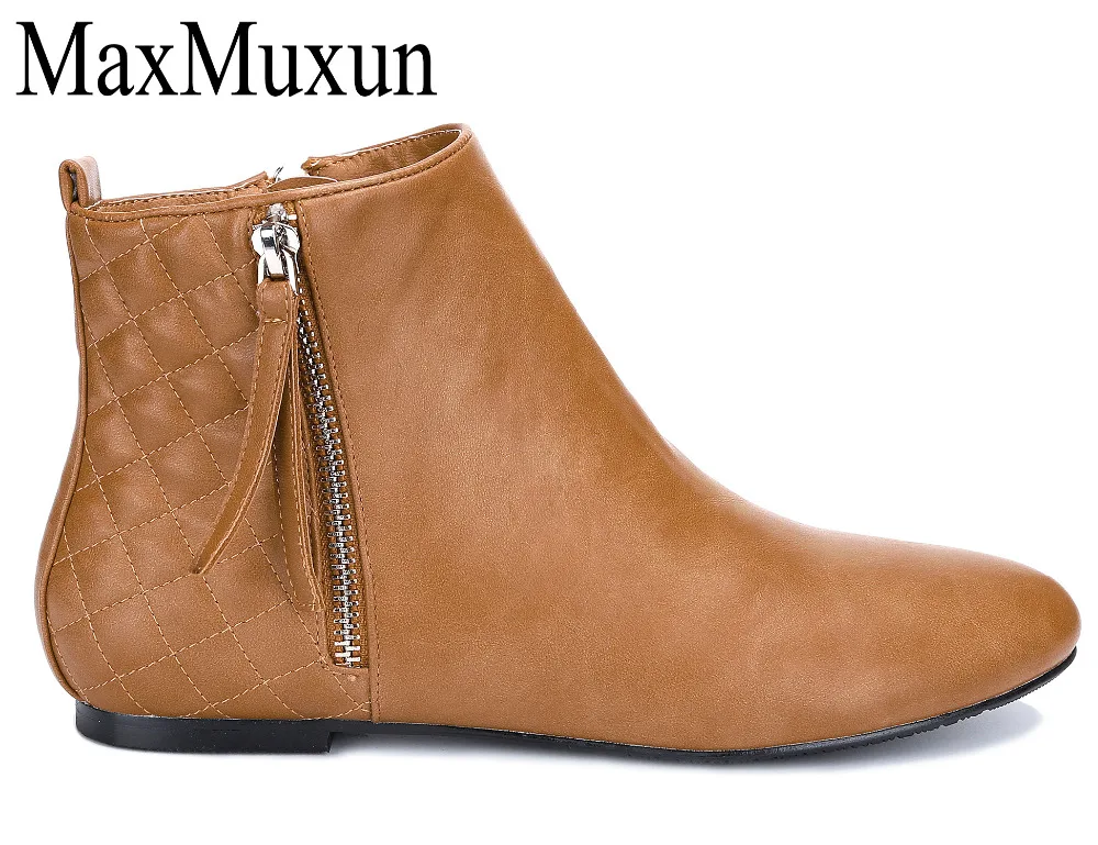 Brown MaxMuxun Women's Booties Classic Flat Heel Ankle Pointed Toe Boots For Women Spring Autumn Fashion Causal Short Chelsea Boots - Color: Brown