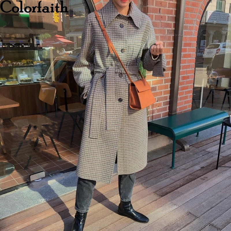 Colorfaith Новый 2019 осень зима Для женщин в клетку на пуговицах с карманами и поясом