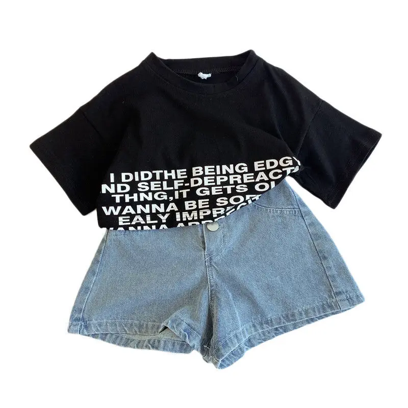 

2021 Summer New Girls Set Children's Casual T-shirt Letter denim shorts 2Pcs Kids Girls Summer Outdoor Casual Wear