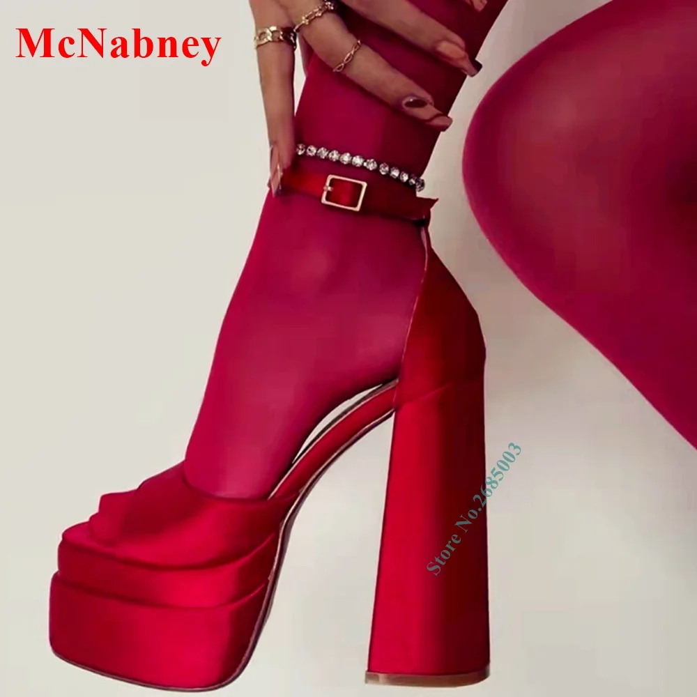 

Slik Peep Toe Platform Ankle Sandals Chunky High Heel Buckle Straps Solid Sexy Lady Summer Spring Daliy Party Dress Sandals Shoe