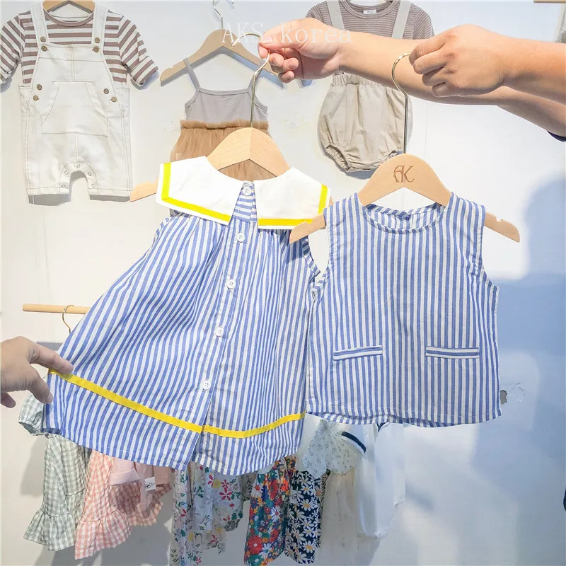 Kids Dresses for Girls Summer New Treasure Dress Boys Shirt College Wind Stripe Sister | Детская одежда и обувь