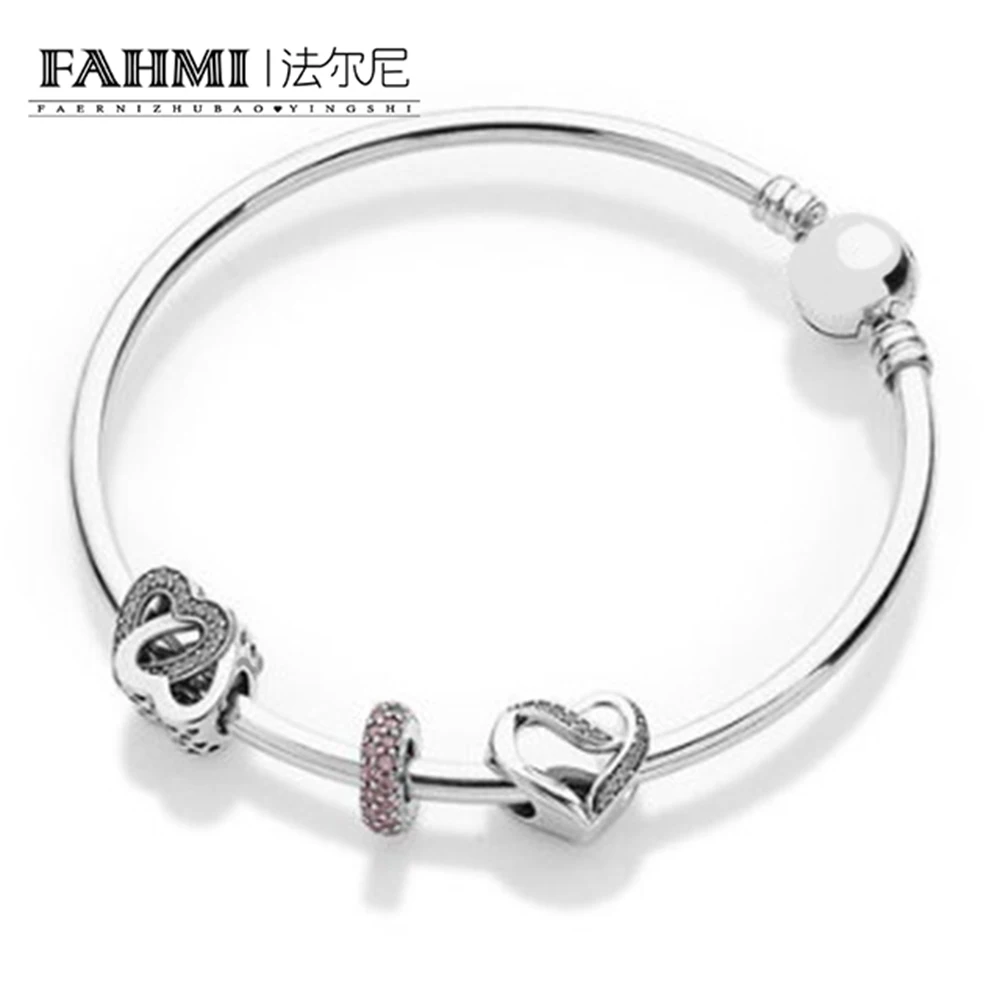 

2020 100% 925 Sterling Silver heart-shaped Lovers Jewelry Clear CZ Charm Bead fit Bracelets DIY Bangles Set factory wholesale